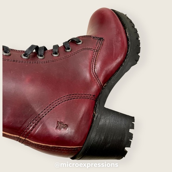 $528 Frye Sabrina Moto Oxblood Burgundy Red Lace Up Leather Combat Ankle Boot - Picture 14 of 16